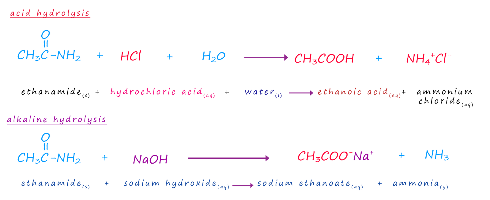equations to show the products of the acidic and alklaine hydrolysis of ethanamide